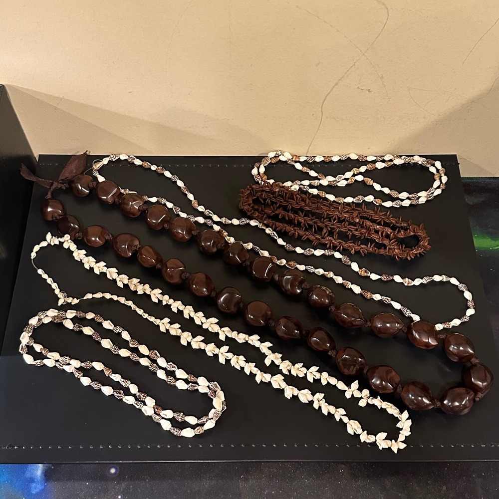 Vintage Natural Shell and Kukui Nut Necklace Bundle Boho Coastal 5 Piece Set
